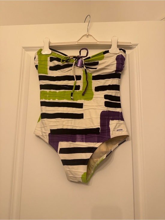 Basmar Other - Strapless One-Piece Swimsuit in White with Black, Green & Purple Print